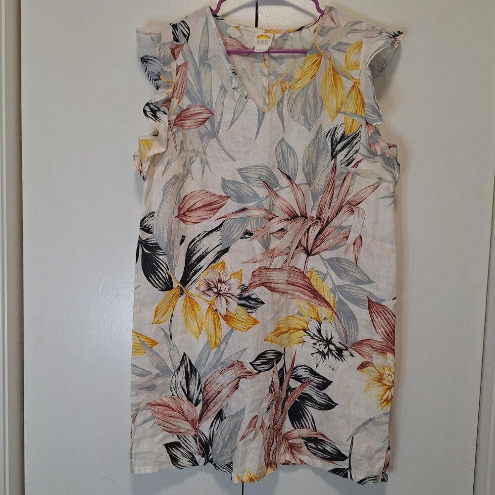 C&C California 100% Linen Floral Dress Size Med Boho Tropical V-Neck Shift Mini
